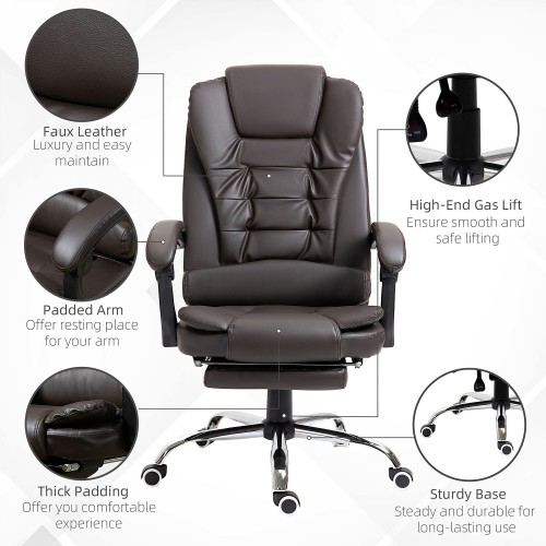 Ergonomic Office Chair, PU Leather Office Chair with Footrest, Reclining Function, Lumbar Support for Home, Office