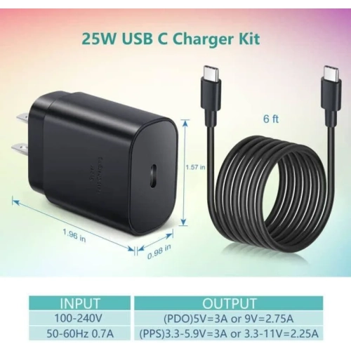 25&nbsp;W – Chargeur rapide USB-C et câble 6&nbsp;pi pour Galaxy S23/S24 Ultra, S22, S21, S20, A14/A53/A23/A54, Z Fold5/Flip5, Note, Pixel, Tab S8+ -