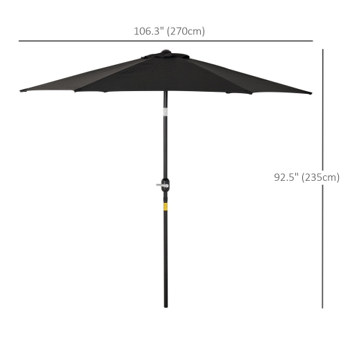 Outsunny 8.5' Round Aluminum Patio Umbrella 6 Ribs Market Sunshade Tilt Canopy w/ Crank Handle Garden Parasol Black
