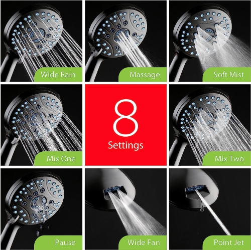 High Pressure Hotel Spa 8-mode Handheld Shower Head - Anti-clog Nozzles, Built-in Power Wash to Clean Tub, Stainless Steel Hose, Tile & Pets, 6 ft