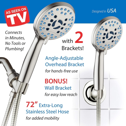 High Pressure 8-Mode Handheld Shower Head - Anti-Clog Nozzles, Built-in Power Wash to Clean Tub, Tile & Pets, Stainless Steel Hose 6 ft., Wall &