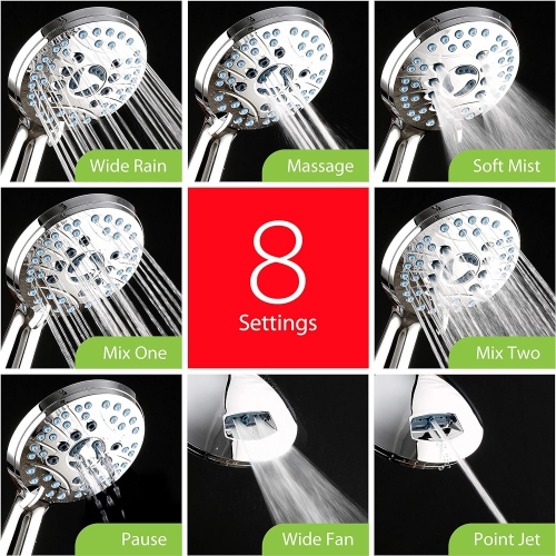High Pressure 8-Mode Handheld Shower Head - Anti-Clog Nozzles, Built-in Power Wash to Clean Tub, Tile & Pets, Stainless Steel Hose 6 ft, Wall &