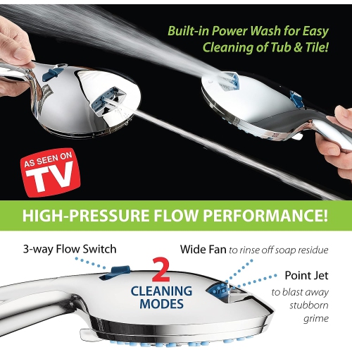 High Pressure 8-Mode Handheld Shower Head - Anti-Clog Nozzles, Built-in Power Wash to Clean Tub, Tile & Pets, Stainless Steel Hose 6 ft, Wall &