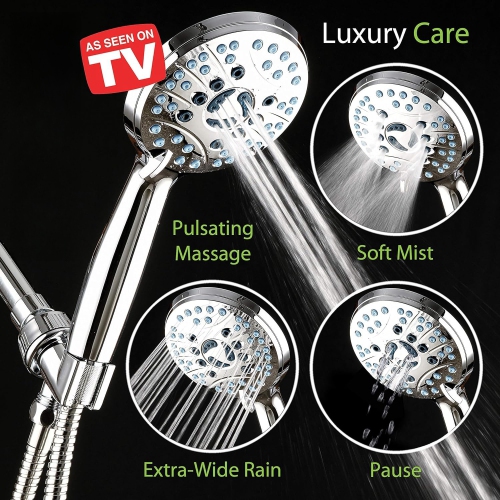 High Pressure 8-Mode Handheld Shower Head - Anti-Clog Nozzles, Built-in Power Wash to Clean Tub, Tile & Pets, Stainless Steel Hose 6 ft, Wall &