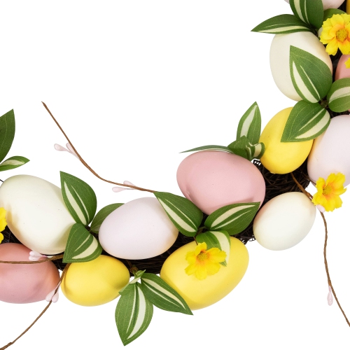 Easter Eggs and Flower Buds Artificial Wreath - 22" - Pink and Yellow - Unlit
