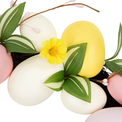 Easter Eggs and Flower Buds Artificial Wreath - 22" - Pink and Yellow - Unlit