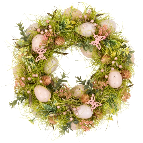 Oeufs de Pâques avec couronne printanière artificielle de papillons – 13 po – Vert et rose