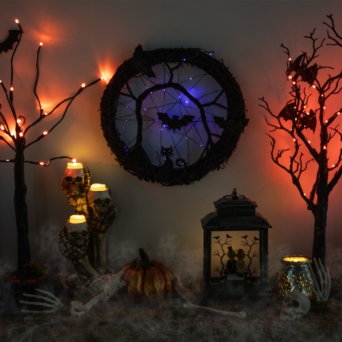 Couronne lumineuse à DEL avec Bats, brindilles, 13 po, lumières violettes