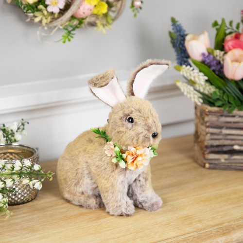 Plush Rabbit with Flower Wreath Easter Figurine - 8.5"