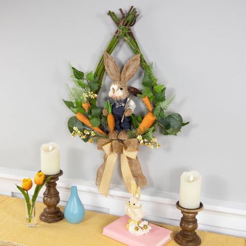 Farmer Bunny Moss Vines Teardrop Easter Wreath - 22" - Green and Orange - Unlit