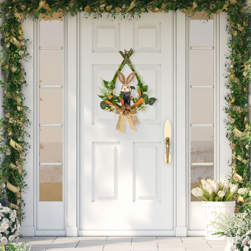 Farmer Bunny Moss Vines Teardrop Easter Wreath - 22" - Green and Orange - Unlit