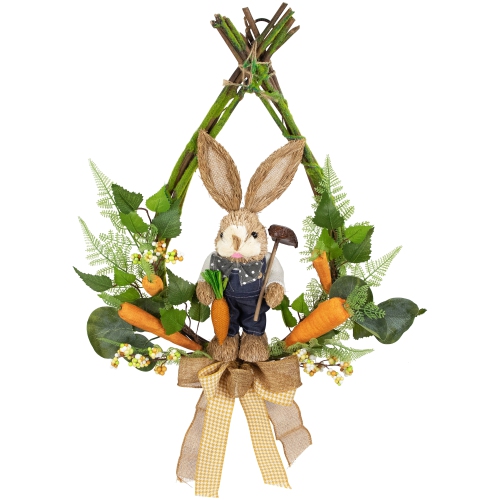 Farmer Bunny Moss Vines Teardrop Easter Wreath - 22" - Green and Orange - Unlit