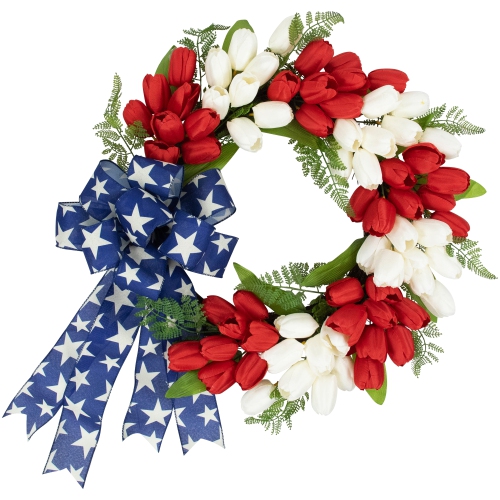 Tulip Floral Patriotic Wreath with Bow - 24" - Red, White and Blue