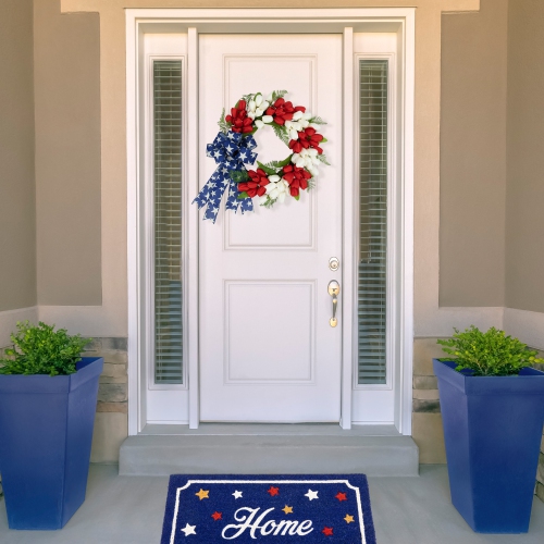 Tulip Floral Patriotic Wreath with Bow - 24" - Red, White and Blue
