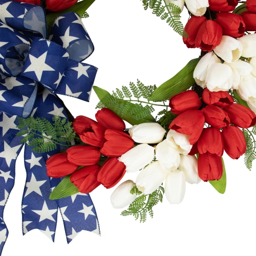 Tulip Floral Patriotic Wreath with Bow - 24" - Red, White and Blue