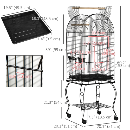 PawHut 60" Bird Cage with Openable Top, Large Parrot Cage with Rolling Stand, Wheels, Removable Tray, Bowls, Storage Shelf for Cockatie, Sun Conure,