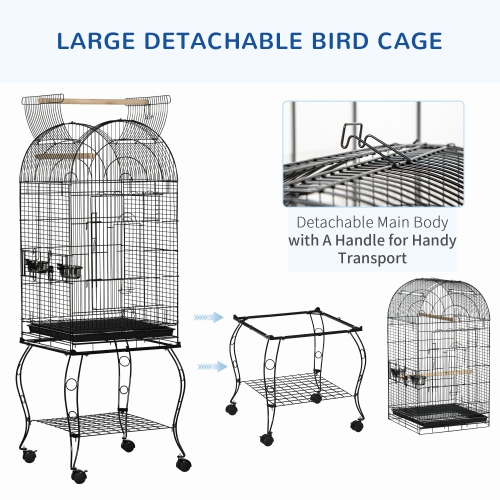 PawHut 60" Bird Cage with Openable Top, Large Parrot Cage with Rolling Stand, Wheels, Removable Tray, Bowls, Storage Shelf for Cockatie, Sun Conure,