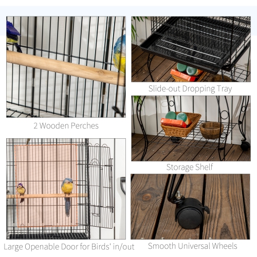 PawHut 60" Bird Cage with Openable Top, Large Parrot Cage with Rolling Stand, Wheels, Removable Tray, Bowls, Storage Shelf for Cockatie, Sun Conure,