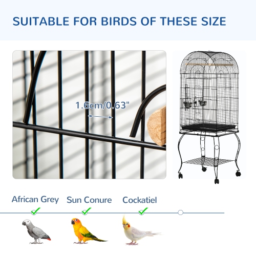 PawHut 60" Bird Cage with Openable Top, Large Parrot Cage with Rolling Stand, Wheels, Removable Tray, Bowls, Storage Shelf for Cockatie, Sun Conure,