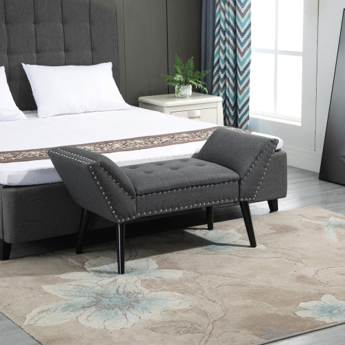 HOMCOM Button Tufted Bedroom Entryway Bench, Linen Fabric Upholstered Ottoman Bench with Arms and Nailhead Trim for Living Room, Hallway, Dark Grey