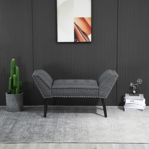 HOMCOM Button Tufted Bedroom Entryway Bench, Linen Fabric Upholstered Ottoman Bench with Arms and Nailhead Trim for Living Room, Hallway, Dark Grey