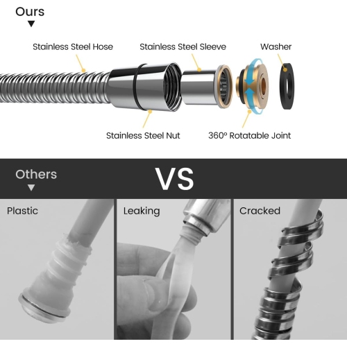 Pomme de douche à main haute pression, 6 modes de pulvérisation tête de douche amovible, pomme de douche carrée avec tuyau en acier inoxydable et