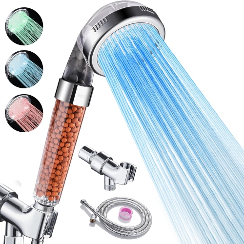 Shower Head LED Color Changing, Filter Filtration Water Saving Spray Handheld Showerheads with Hose and Base for Hair&Dry Skin with