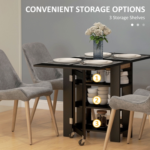 HOMCOM Folding Dining Table, Drop Leaf Table for Small Spaces, Foldable Table with Storage Shelves for Kitchen, Dining Room, Black