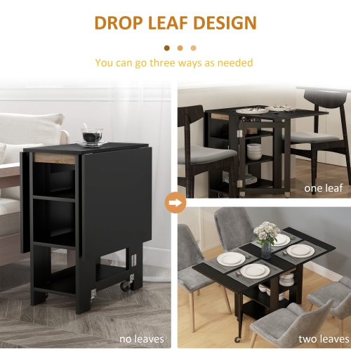 HOMCOM Folding Dining Table, Drop Leaf Table for Small Spaces, Foldable Table with Storage Shelves for Kitchen, Dining Room, Black