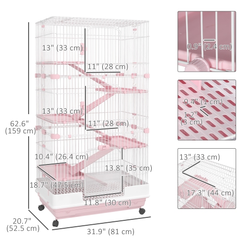 PawHut 63"H Guinea Pig Cage, 6-Level Rabbit Cage for Ferret, Chinchilla, Hedghog, Bunny, Small Animal Habitat with Wheels, Slide-out Tray, Ramp, Pink