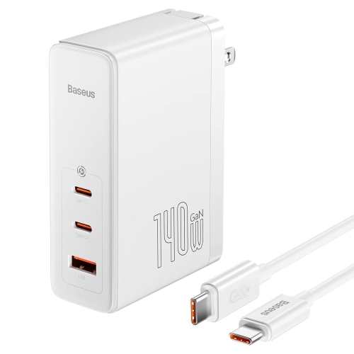 Baseus GaN 5 Pro 140W 3-Port USB-C/USB-A Wall Charger Fast Charging with USB C Cable - White