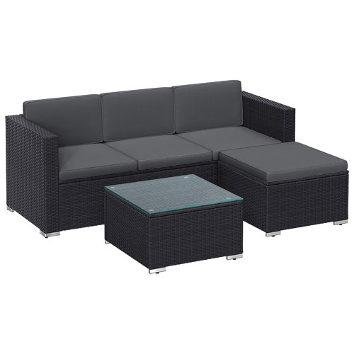 Boutique Home Rattan Patio Sectional Sofa with Cushion & Glass Table - Black/Grey