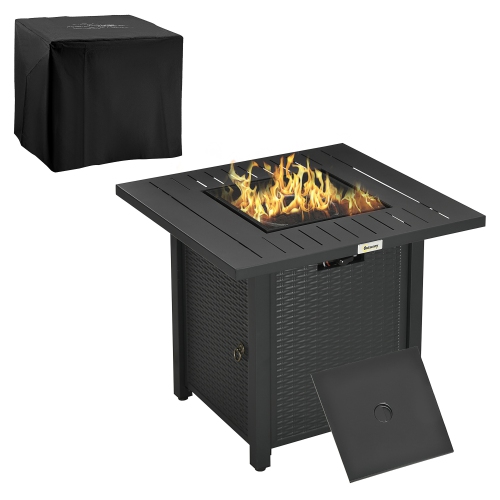 Image 1 of 9.. Outsunny Rattan-style Propane Fire Pit Table with 40,000 BTU Burner, Square 28" Smokeless Gas Firepit with Thermocouple, Lava Rocks, Waterproof