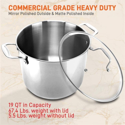 Stainless Steel Cookware Stockpot - 19 Quart, Heavy Duty Induction Pot, Soup Pot With Lid