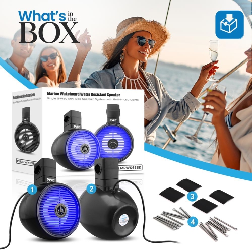 6.5" Marine Wakeboard Water Resistant Speaker - Single 2-Way Mini Box Speaker System with Built-in LED Lights, Black