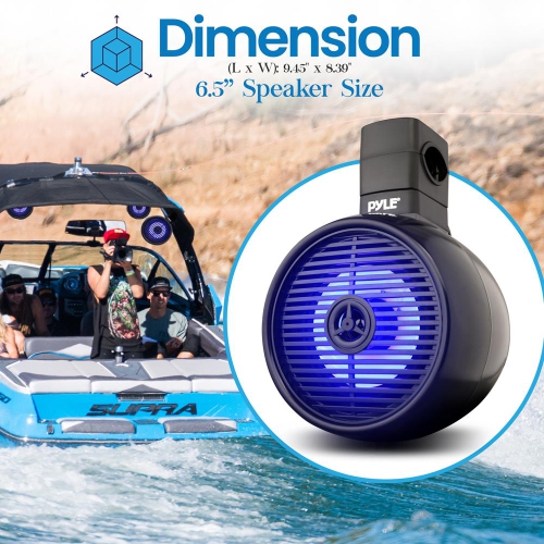 6.5" Marine Wakeboard Water Resistant Speaker - Single 2-Way Mini Box Speaker System with Built-in LED Lights, Black