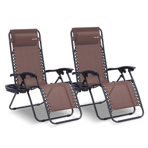 Outdoor Adjustable Zero Gravity Lounge Chair Recliners with Plastic Cup Holder Side Table and Padded Headrest Pillows, 2 Pack,