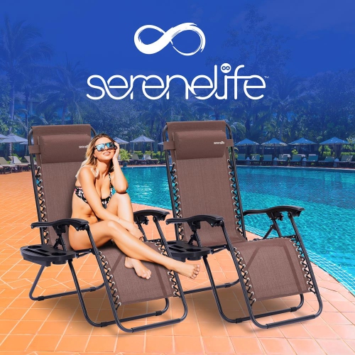 Outdoor Adjustable Zero Gravity Lounge Chair Recliners with Plastic Cup Holder Side Table and Padded Headrest Pillows, 2 Pack,