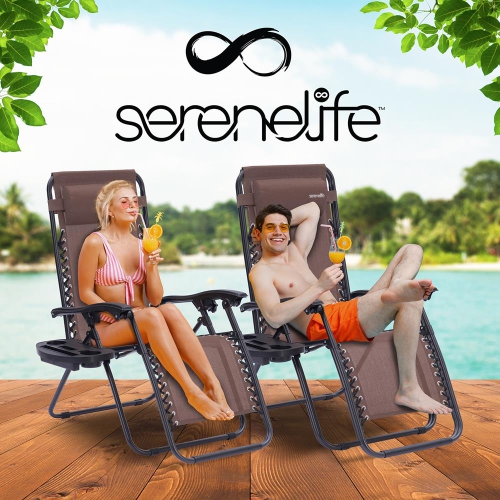 Outdoor Adjustable Zero Gravity Lounge Chair Recliners with Plastic Cup Holder Side Table and Padded Headrest Pillows, 2 Pack,