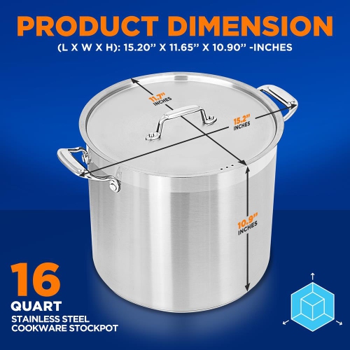Stainless Steel Cookware Stockpot - 16 Quart, Heavy Duty Induction Pot, Soup Pot With Stainless Steel Lid