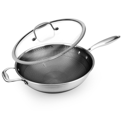 12'' Durable Wok with Side Handle - Triply Stainless Steel Cookware, DAKIN Etching Non-Stick Coating Inside and Outside