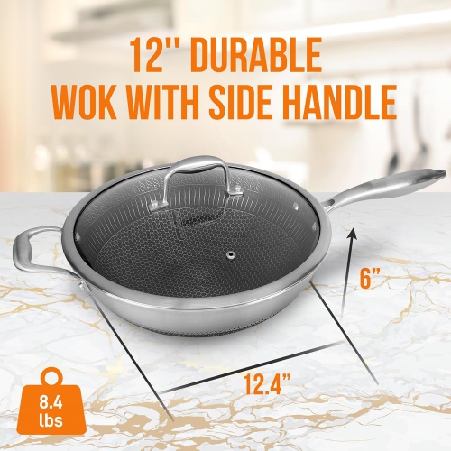 12'' Durable Wok with Side Handle - Triply Stainless Steel Cookware, DAKIN Etching Non-Stick Coating Inside and Outside