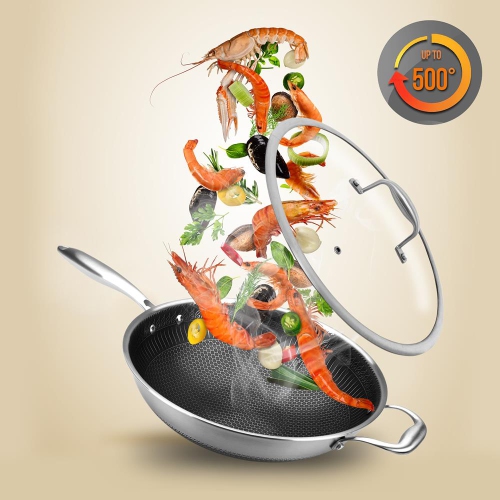 12'' Durable Wok with Side Handle - Triply Stainless Steel Cookware, DAKIN Etching Non-Stick Coating Inside and Outside