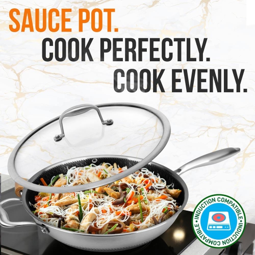 12'' Durable Wok with Side Handle - Triply Stainless Steel Cookware, DAKIN Etching Non-Stick Coating Inside and Outside