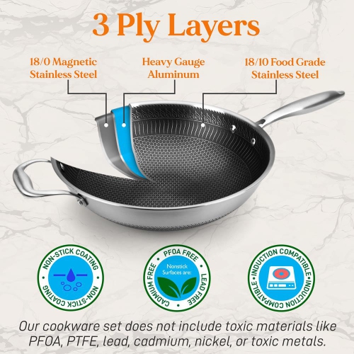 12'' Durable Wok with Side Handle - Triply Stainless Steel Cookware, DAKIN Etching Non-Stick Coating Inside and Outside