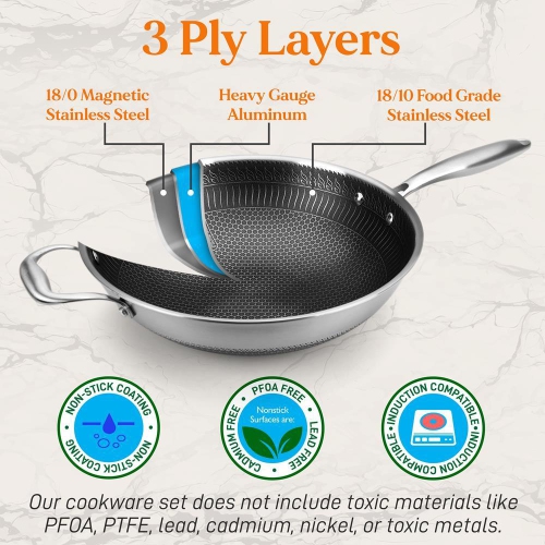 12'' Durable Wok with Side Handle - Triply Stainless Steel Cookware, DAKIN Etching Non-Stick Coating Inside and Outside