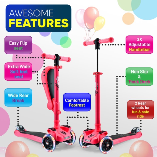 ScootKid 3-Wheel Kids Scooter - Child & Toddler Toy Scooter with Built-in LED Wheel Lights, Fold-Out Comfort Seat (Watermelon)
