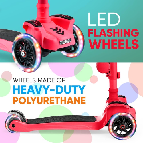 ScootKid 3-Wheel Kids Scooter - Child & Toddler Toy Scooter with Built-in LED Wheel Lights, Fold-Out Comfort Seat (Watermelon)