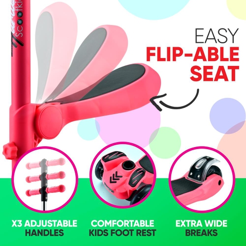 ScootKid 3-Wheel Kids Scooter - Child & Toddler Toy Scooter with Built-in LED Wheel Lights, Fold-Out Comfort Seat (Watermelon)