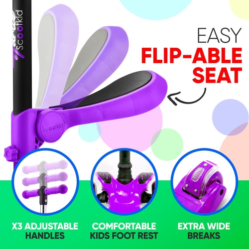 ScootKid 3-Wheel Kids Scooter - Child & Toddler Toy Scooter with Built-in LED Wheel Lights, Fold-Out Comfort Seat (Purple)
